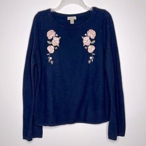 Loft Outlet Ribbed Pullover with Floral Embroidery In Navy Size L